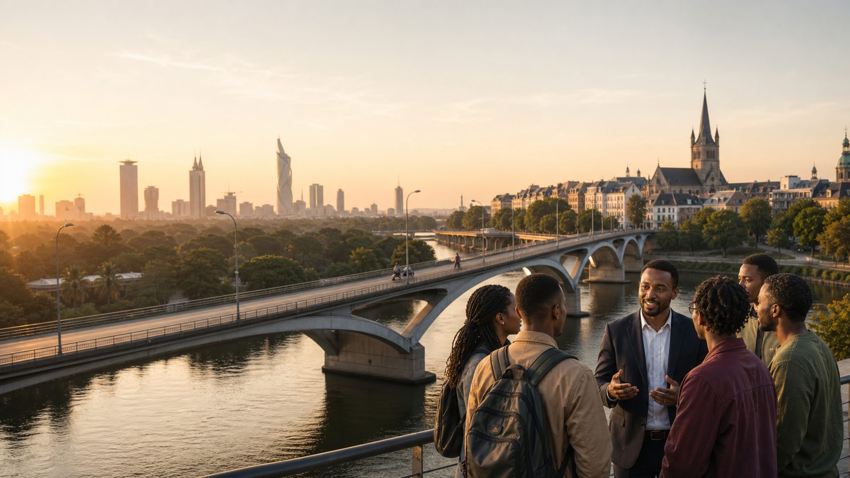 Gruppe junger Menschen im Gespräch auf einer Brücke in Deutschland